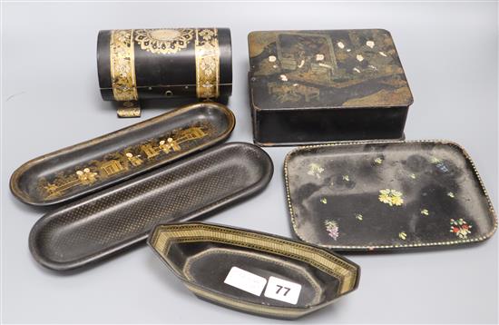 A Victorian papier mache cylindrical jewellery box, and five other papier mache items